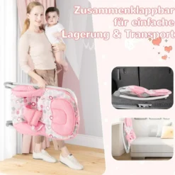 2 in 1 Babywippe klappbar tragbare Babyschaukel mit 3-stufig verstellbarer Rückenlehne Rosa/Grau