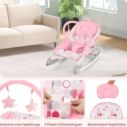 2 in 1 Babywippe klappbar tragbare Babyschaukel mit 3-stufig verstellbarer Rückenlehne Rosa/Grau