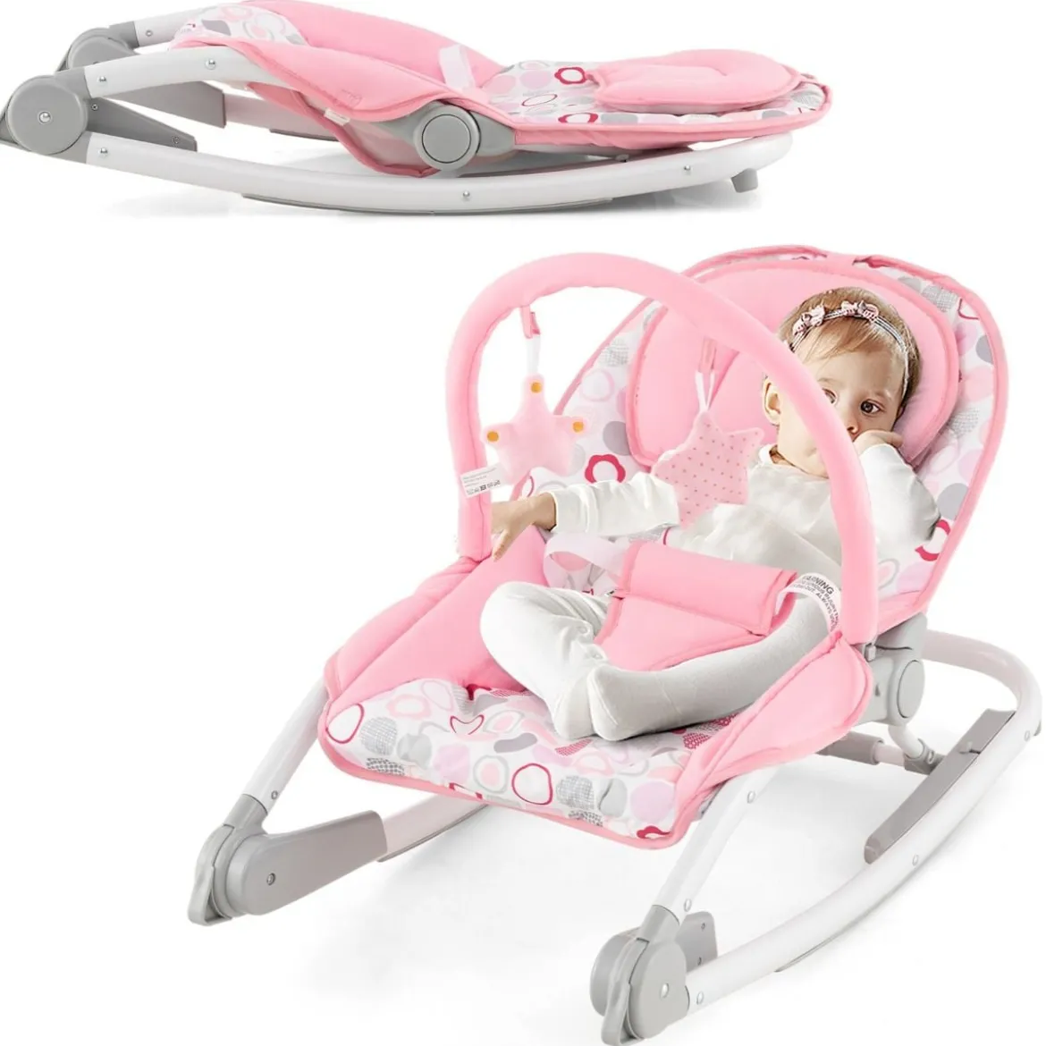 2 in 1 Babywippe klappbar tragbare Babyschaukel mit 3-stufig verstellbarer Rückenlehne Rosa/Grau