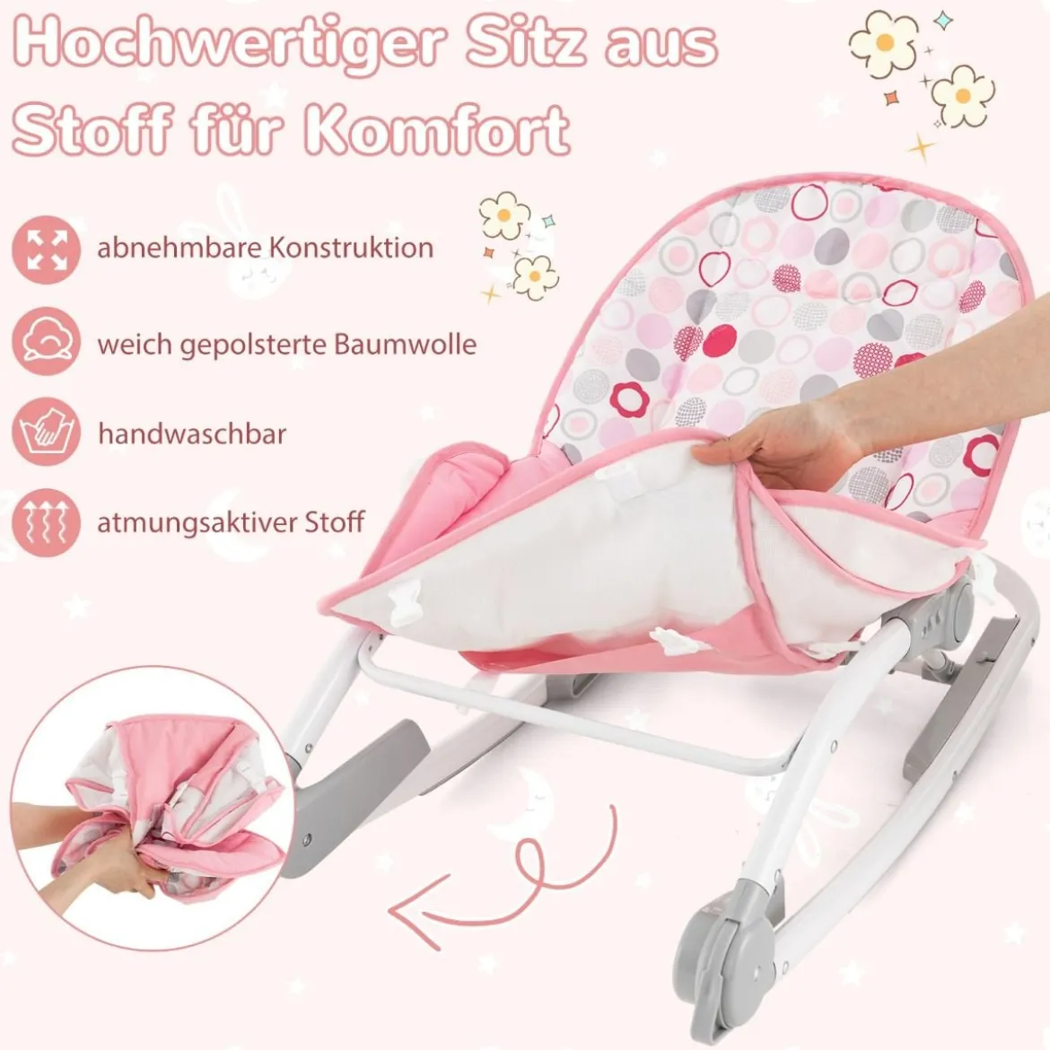 2 in 1 Babywippe klappbar tragbare Babyschaukel mit 3-stufig verstellbarer Rückenlehne Rosa/Grau
