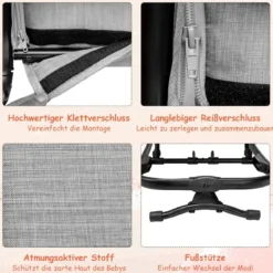 2 in 1 Babywippe und Babyschaukel klappbar Babyliegestuhl mit 2 verstellbaren Liegepositionen bis 15 kg Hellgrau