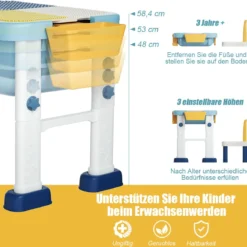 6 in 1 Bauklötzchen-Tisch Aktivitätstisch Set Bausteintisch Spieltisch Höheverstellbar Blau + Weiß + Gelb