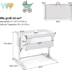 2 in 1 Beistellbett & Babybett höhenverstellbar Kinderbett 97 x 50 - 70 x 67 - 85 cm Weiß