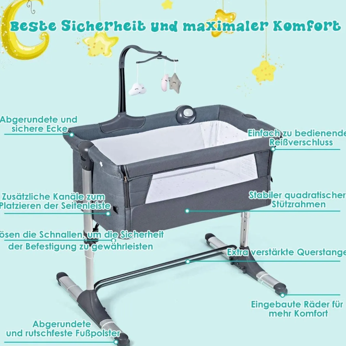 2 in 1 Beistellbett & Babybett Kinderbett höhenverstellbar 97 x 50 - 70 x 67 - 85 cm Grau