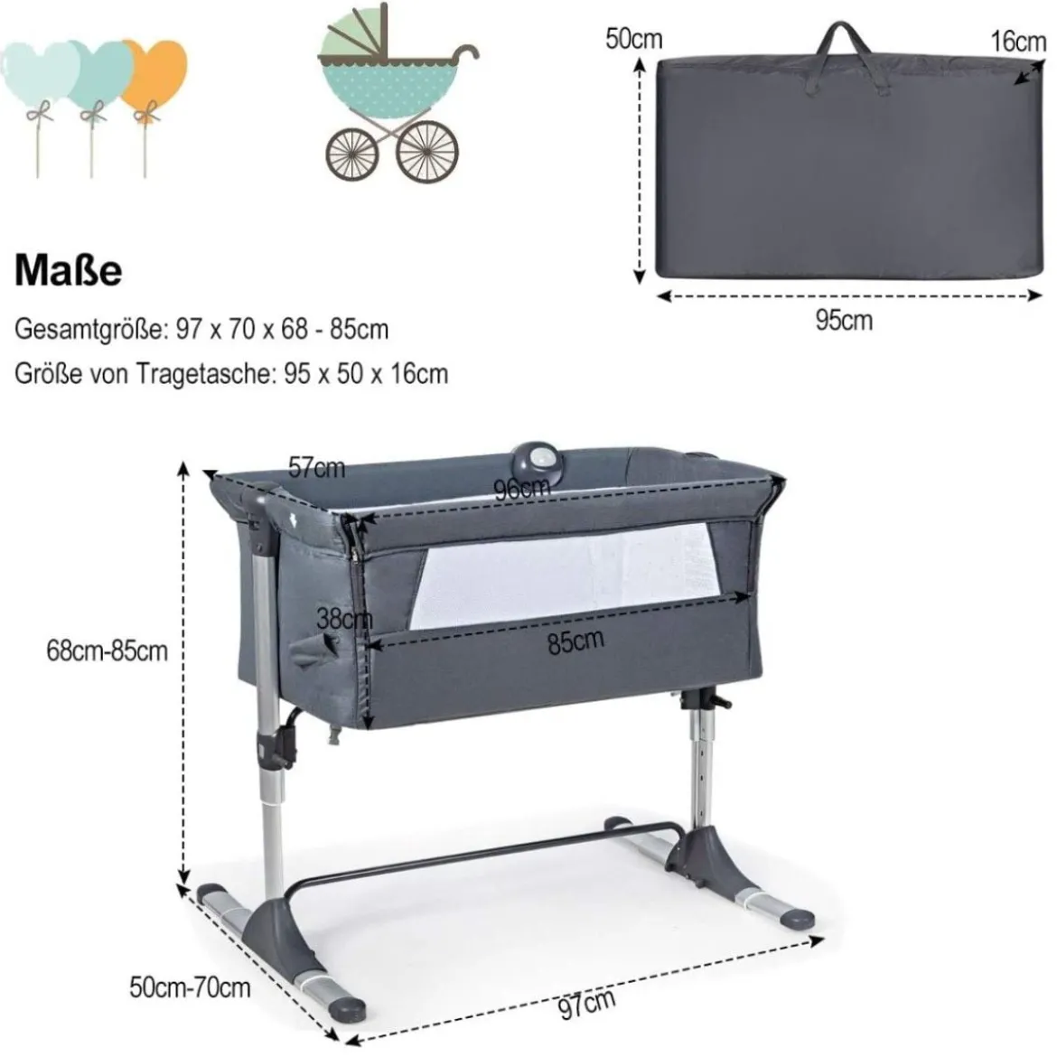 2 in 1 Beistellbett & Babybett Kinderbett höhenverstellbar 97 x 50 - 70 x 67 - 85 cm Grau