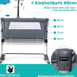 2 in 1 Beistellbett & Babybett Kinderbett höhenverstellbar 97 x 50 - 70 x 67 - 85 cm Grau