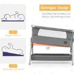 3 in 1 Beistellbett & Babywiege Babybett mit 7-fach verstellbarer Höhe Hellgrau
