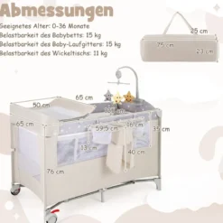 5 in 1 Beistellbett klappbar Reisebett mit Matratze 2 Ebene Babybett mit Rollen Beige/Grau/Braun