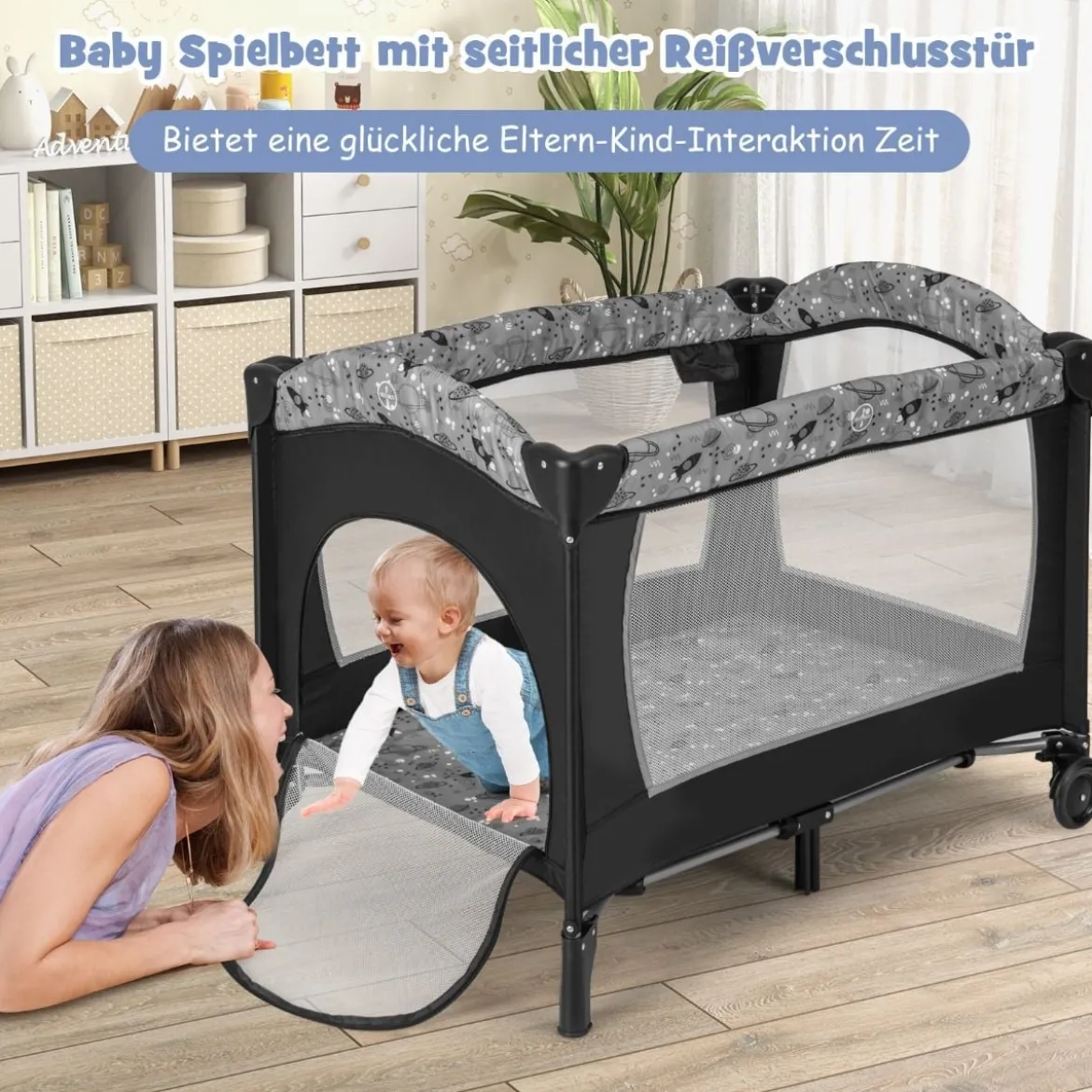 3 IN 1 Beistellbett Klappbar Reisebett mit Matratze Hängespielzeug 102 x 72 x 74 cm Grau