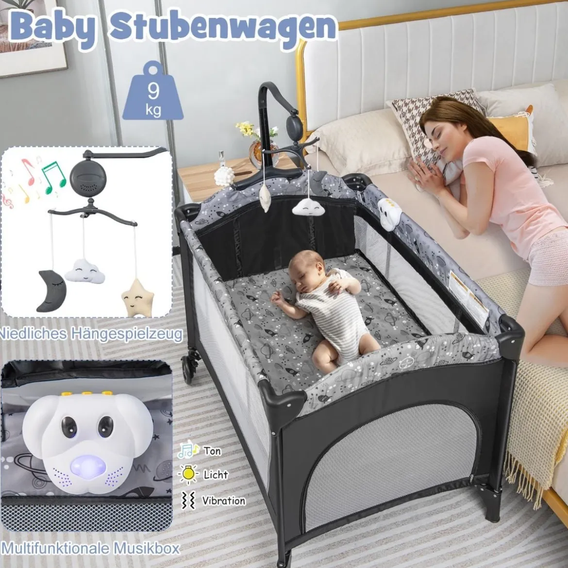 3 IN 1 Beistellbett Klappbar Reisebett mit Matratze Hängespielzeug 102 x 72 x 74 cm Grau