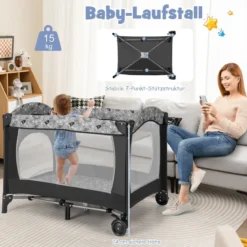 3 IN 1 Beistellbett Klappbar Reisebett mit Matratze Hängespielzeug 102 x 72 x 74 cm Grau
