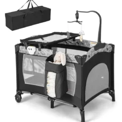 3 IN 1 Beistellbett Klappbar Reisebett mit Matratze Hängespielzeug 102 x 72 x 74 cm Grau