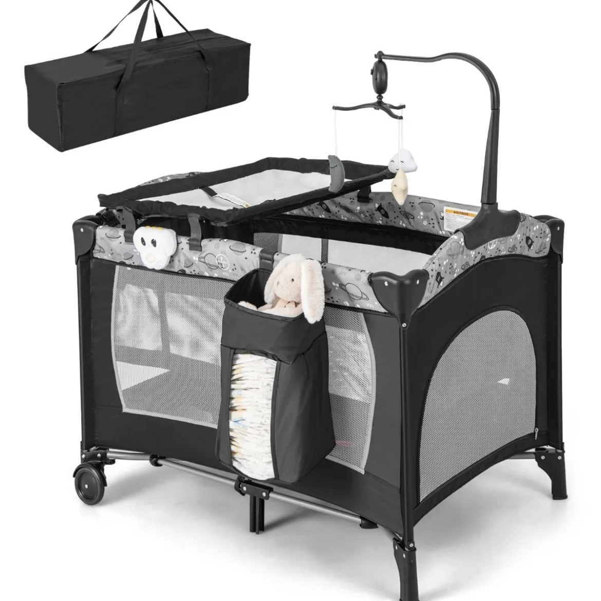3 IN 1 Beistellbett Klappbar Reisebett mit Matratze Hängespielzeug 102 x 72 x 74 cm Grau