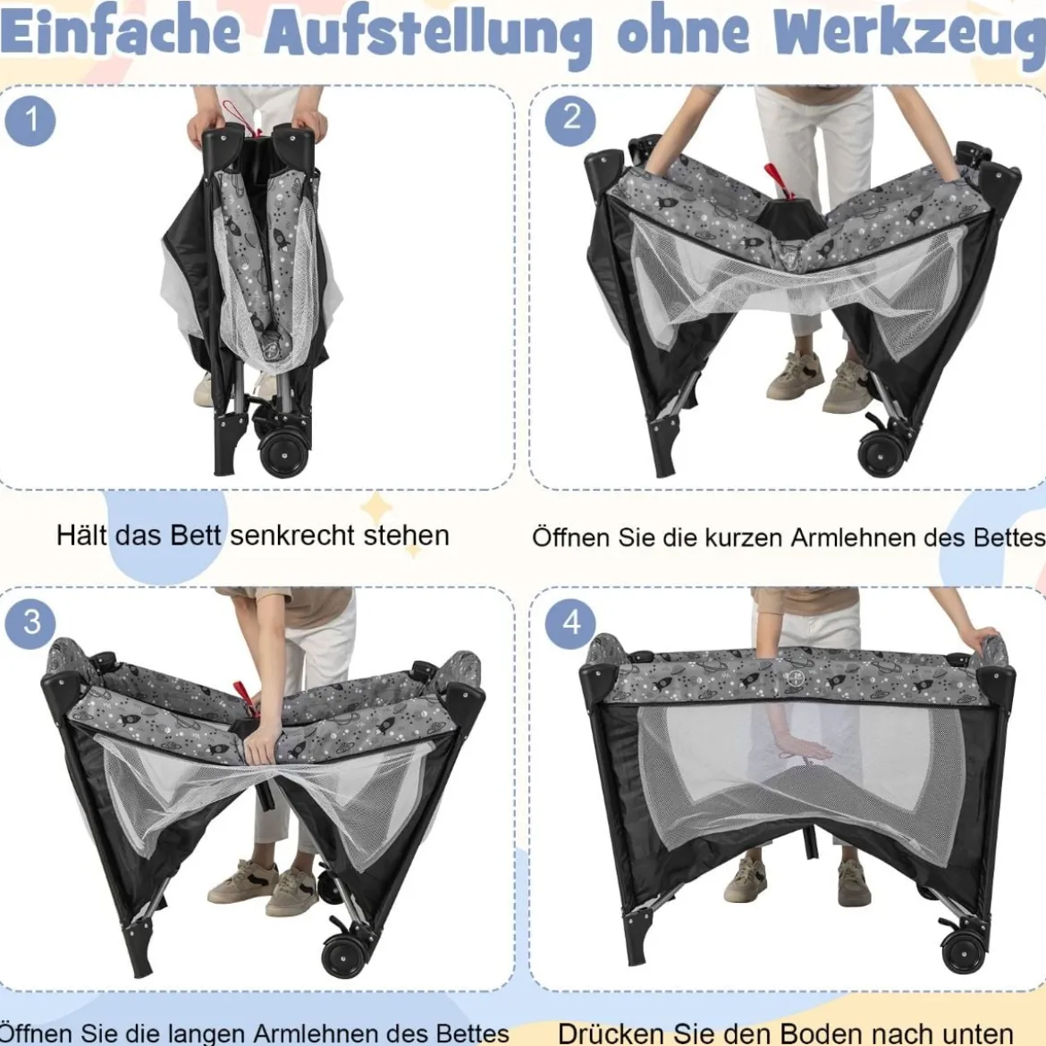 3 IN 1 Beistellbett Klappbar Reisebett mit Matratze Hängespielzeug 102 x 72 x 74 cm Grau