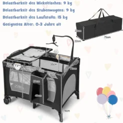 3 IN 1 Beistellbett Klappbar Reisebett mit Matratze Hängespielzeug 102 x 72 x 74 cm Grau