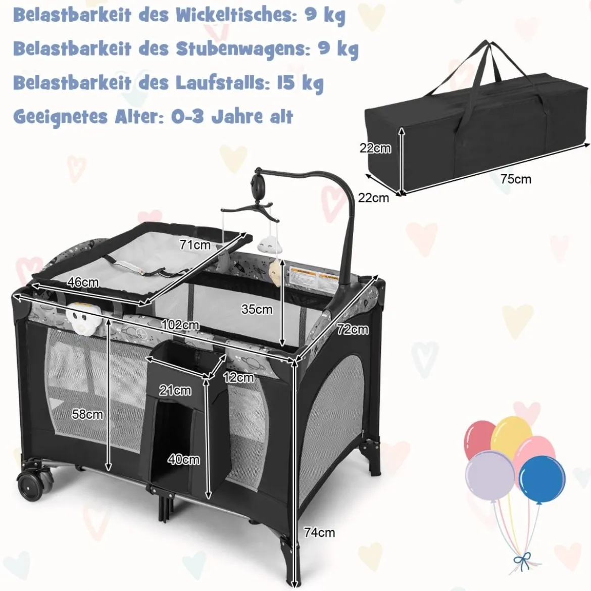 3 IN 1 Beistellbett Klappbar Reisebett mit Matratze Hängespielzeug 102 x 72 x 74 cm Grau