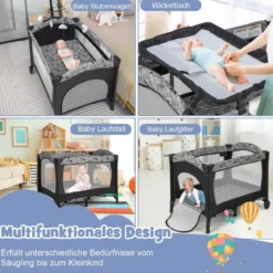 3 IN 1 Beistellbett Klappbar Reisebett mit Matratze Hängespielzeug 102 x 72 x 74 cm Grau