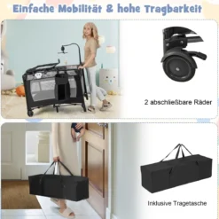 3 IN 1 Beistellbett Klappbar Reisebett mit Matratze Hängespielzeug 102 x 72 x 74 cm Grau