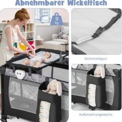 3 IN 1 Beistellbett Klappbar Reisebett mit Matratze Hängespielzeug 102 x 72 x 74 cm Grau
