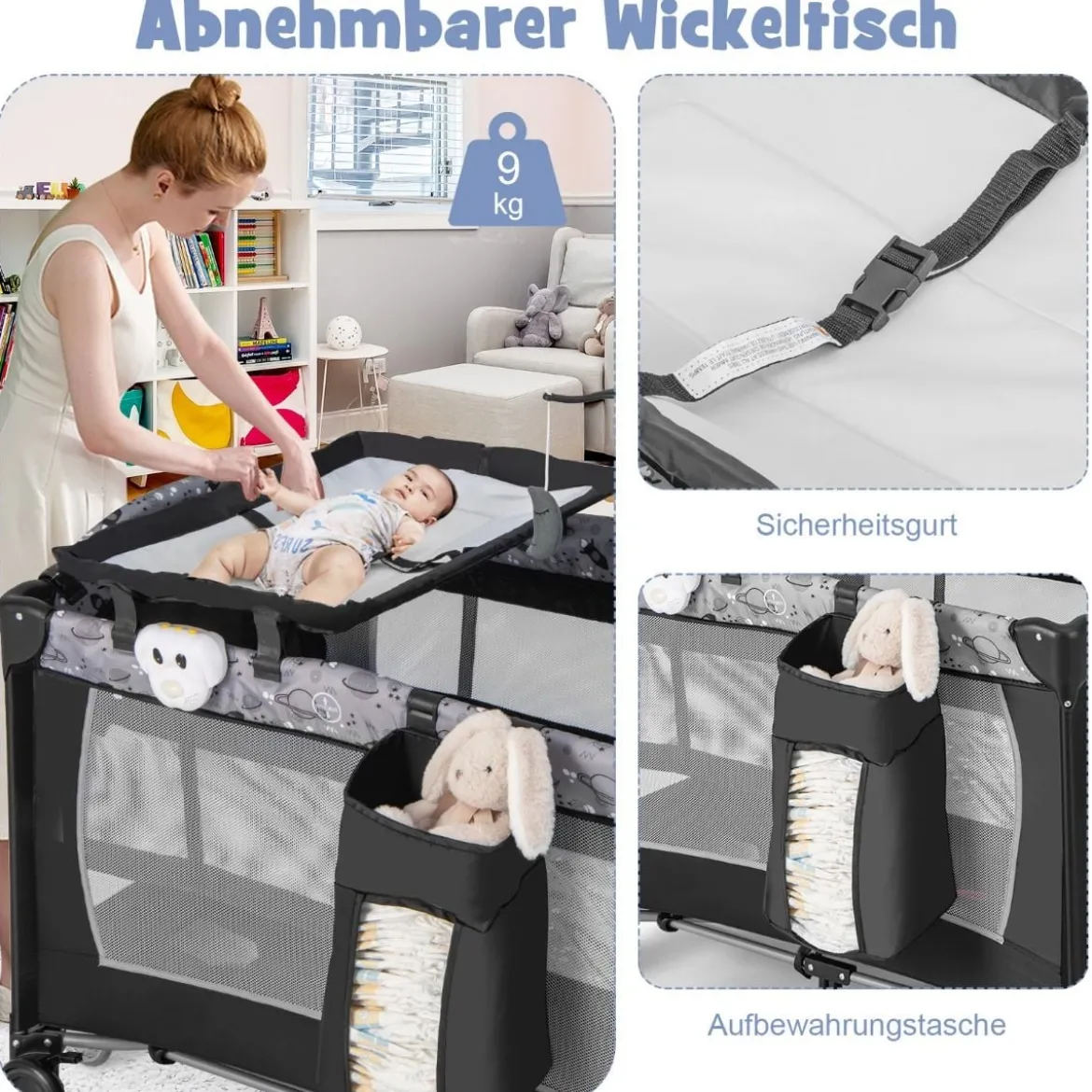 3 IN 1 Beistellbett Klappbar Reisebett mit Matratze Hängespielzeug 102 x 72 x 74 cm Grau