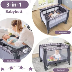 3 in 1 Beistellbett klappbar Reisebett mit Matratze Hängespielzeug Spieluhr Grau