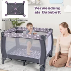 3 in 1 Beistellbett klappbar Reisebett mit Matratze Hängespielzeug Spieluhr Grau