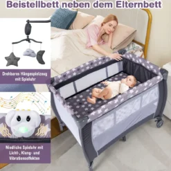 3 in 1 Beistellbett klappbar Reisebett mit Matratze Hängespielzeug Spieluhr Grau
