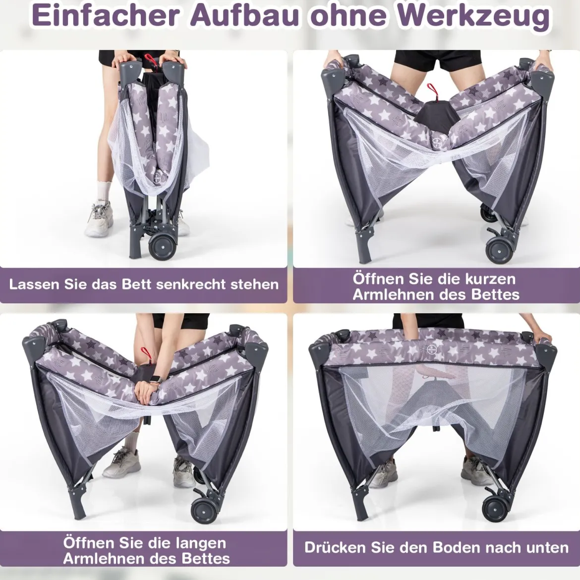 3 in 1 Beistellbett klappbar Reisebett mit Matratze Hängespielzeug Spieluhr Grau