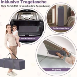 3 in 1 Beistellbett klappbar Reisebett mit Matratze Hängespielzeug Spieluhr Grau