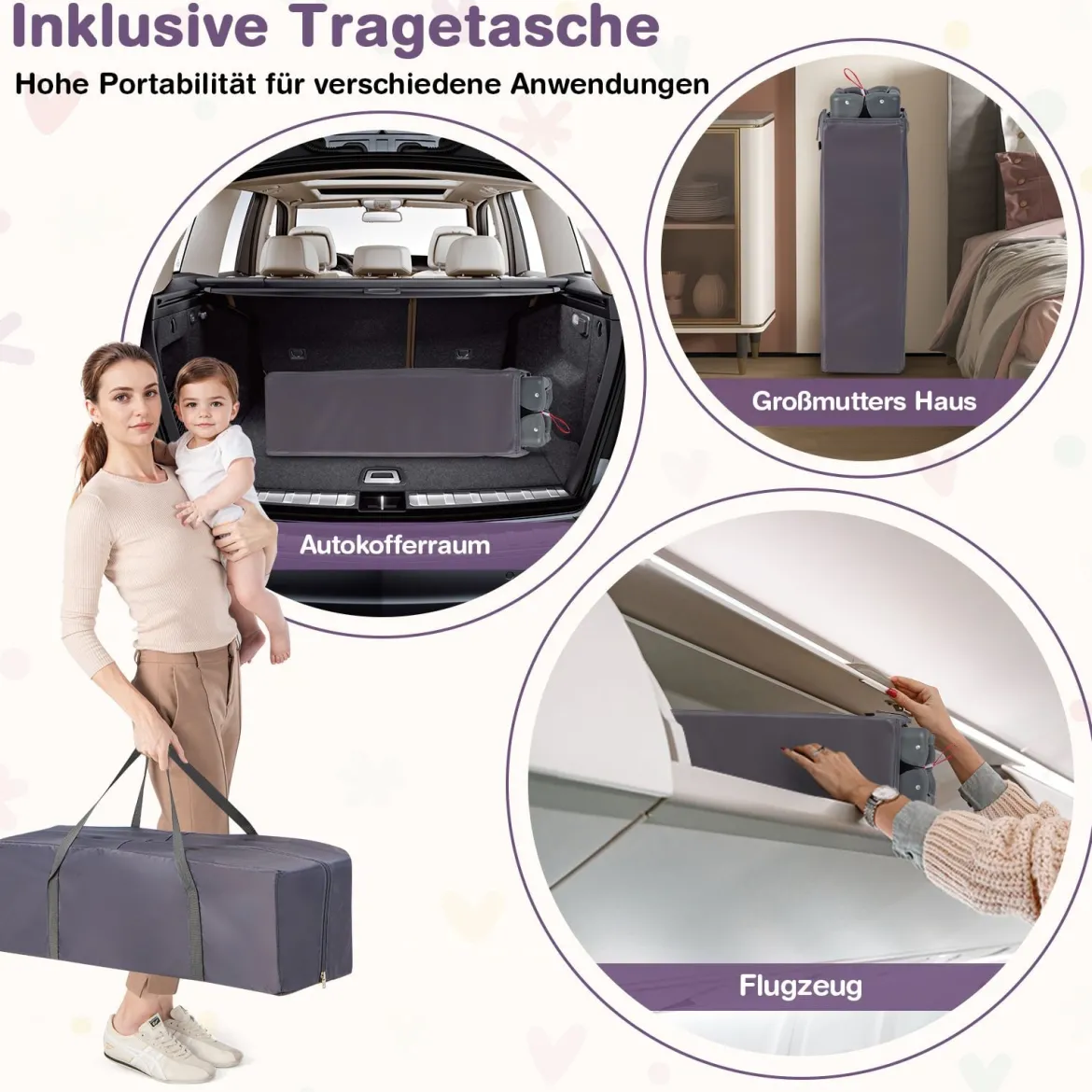 3 in 1 Beistellbett klappbar Reisebett mit Matratze Hängespielzeug Spieluhr Grau