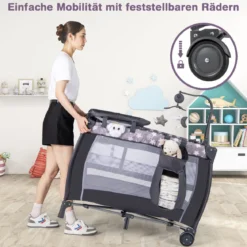 3 in 1 Beistellbett klappbar Reisebett mit Matratze Hängespielzeug Spieluhr Grau