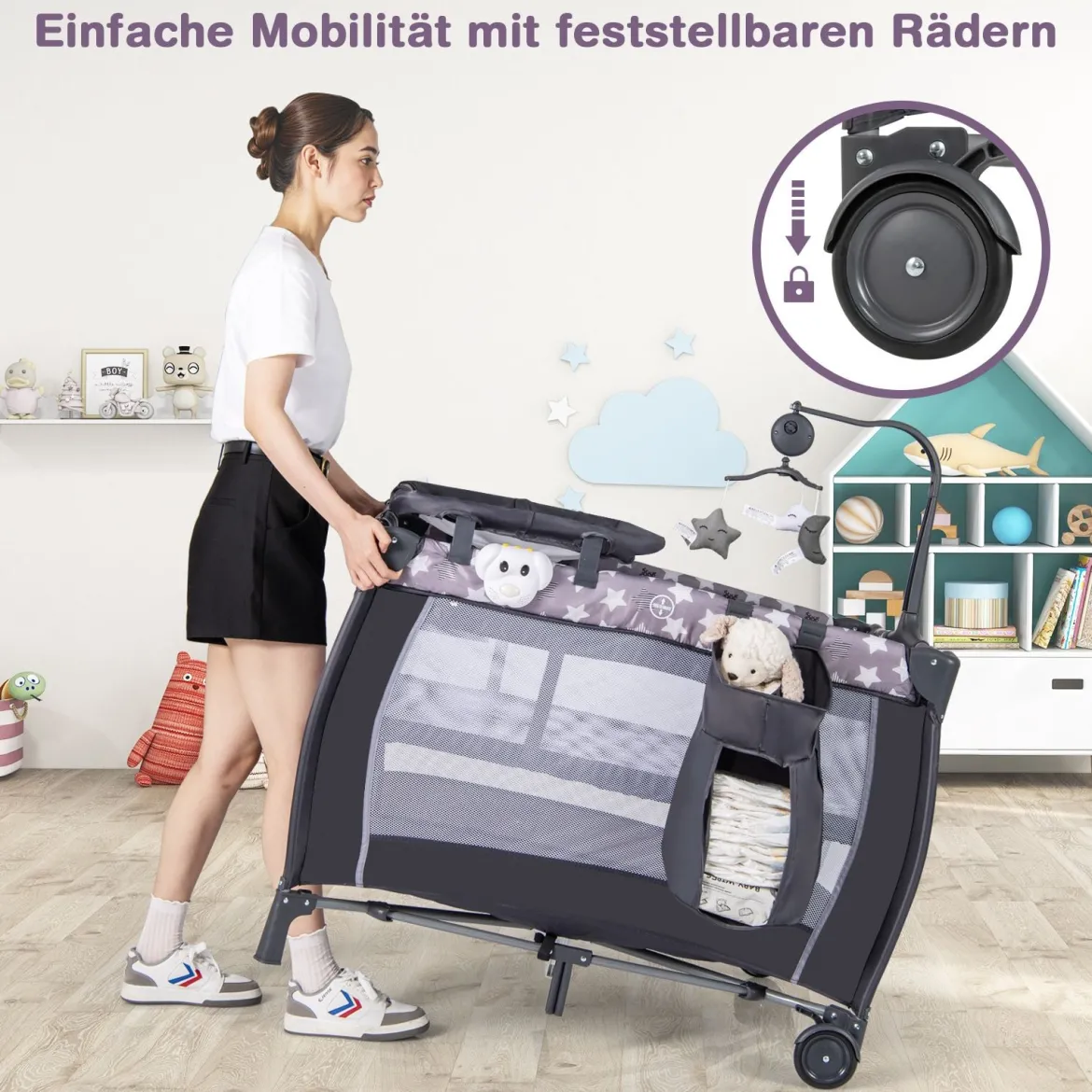 3 in 1 Beistellbett klappbar Reisebett mit Matratze Hängespielzeug Spieluhr Grau