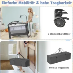 3 IN 1 Beistellbett Klappbar Reisebett mit Matratze Hängespielzeug Beige