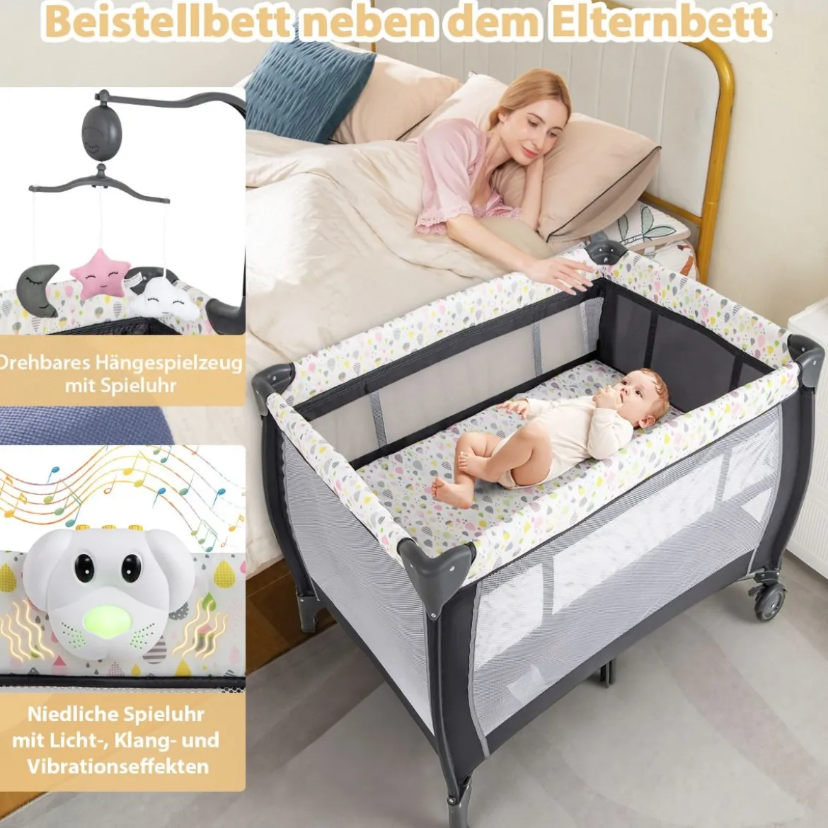 3 in 1 Beistellbett klappbar Reisebett mit Matratze Hängespielzeug Spieluhr Bunt