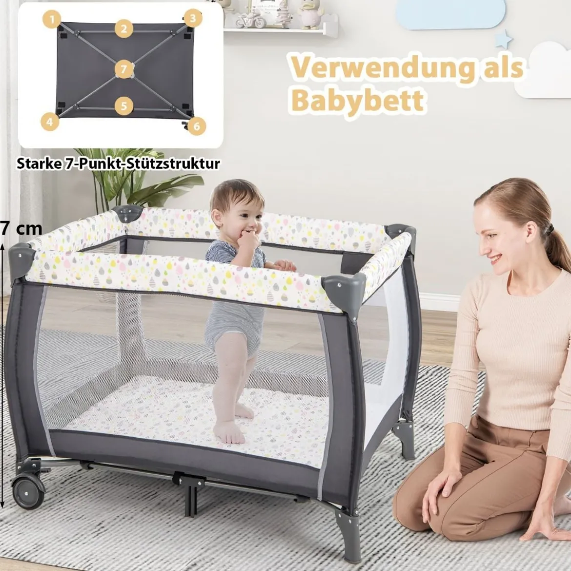 3 in 1 Beistellbett klappbar Reisebett mit Matratze Hängespielzeug Spieluhr Bunt