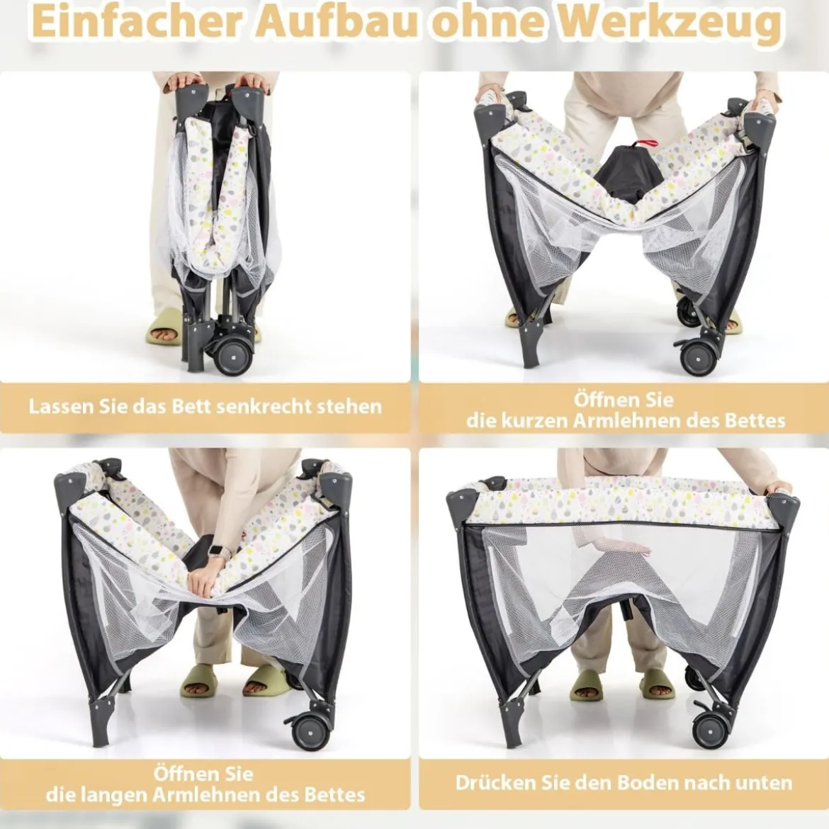 3 in 1 Beistellbett klappbar Reisebett mit Matratze Hängespielzeug Spieluhr Bunt