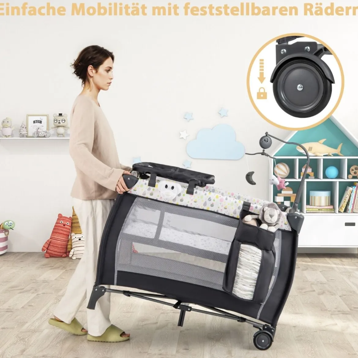 3 in 1 Beistellbett klappbar Reisebett mit Matratze Hängespielzeug Spieluhr Bunt