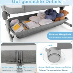 3 in 1 Beistellbett Reisebett Baby mit Matratze Babybett 6 Fach höhenverstellbar mit Aufbewahrungskorb