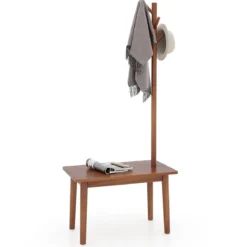 3 in 1 Beistelltisch aus Massivholz Garderobenständer mit Schuhbank 76 x 43 x 168 cm