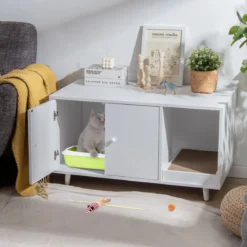 2 in 1 Beistelltisch & Katzenschrank mit Kratzbrett Katzentoilette 90 x 50 x 50 cm Kaffeetisch Weiß