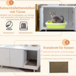 2 in 1 Beistelltisch & Katzenschrank mit Kratzbrett Katzentoilette 90 x 50 x 50 cm Kaffeetisch Weiß