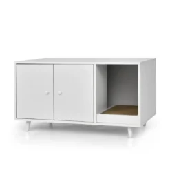 2 in 1 Beistelltisch & Katzenschrank mit Kratzbrett Katzentoilette 90 x 50 x 50 cm Kaffeetisch Weiß