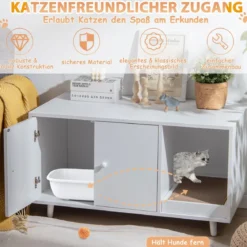 2 in 1 Beistelltisch & Katzenschrank mit Kratzbrett Katzentoilette 90 x 50 x 50 cm Kaffeetisch Weiß