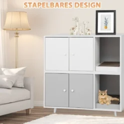 2 in 1 Beistelltisch & Katzenschrank mit Kratzbrett Katzentoilette 90 x 50 x 50 cm Kaffeetisch Weiß