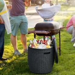 3 in 1 Beistelltisch 45L Kühlbox Hocker Getränkekühler Gartentisch 150KG belastbar Eiskühler Schwarz