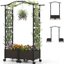 2 in 1 Blumenkasten mit Rankgitter & Hängendem Dach Rosenbogen mit 2 Pflanzkästen Braun