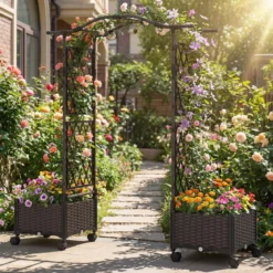 2 in 1 Blumenkasten mit Rankgitter & Hängendem Dach Rosenbogen mit 2 Pflanzkästen Braun