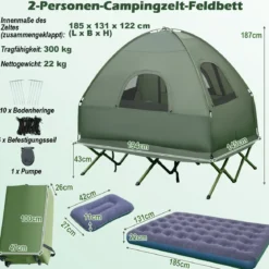 5 in 1 Campingzelt Feldbett für 2 Personen Luftmatratze Kissen Schlafsack Tragbar Grün