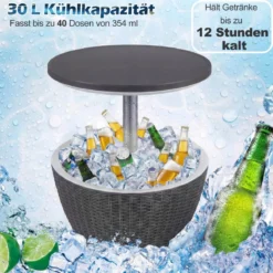 3 in 1 Cool Bar 30L Outdoor Bier- & Weinkühler in Rattanoptik Höhenverstellbarer Beistelltisch Grau