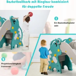 4-in-1-Dinosaurierrutsche Spielset zum Klettern & Rutschen für Babys mit Basketballkorb 188 x 65 x 80 cm